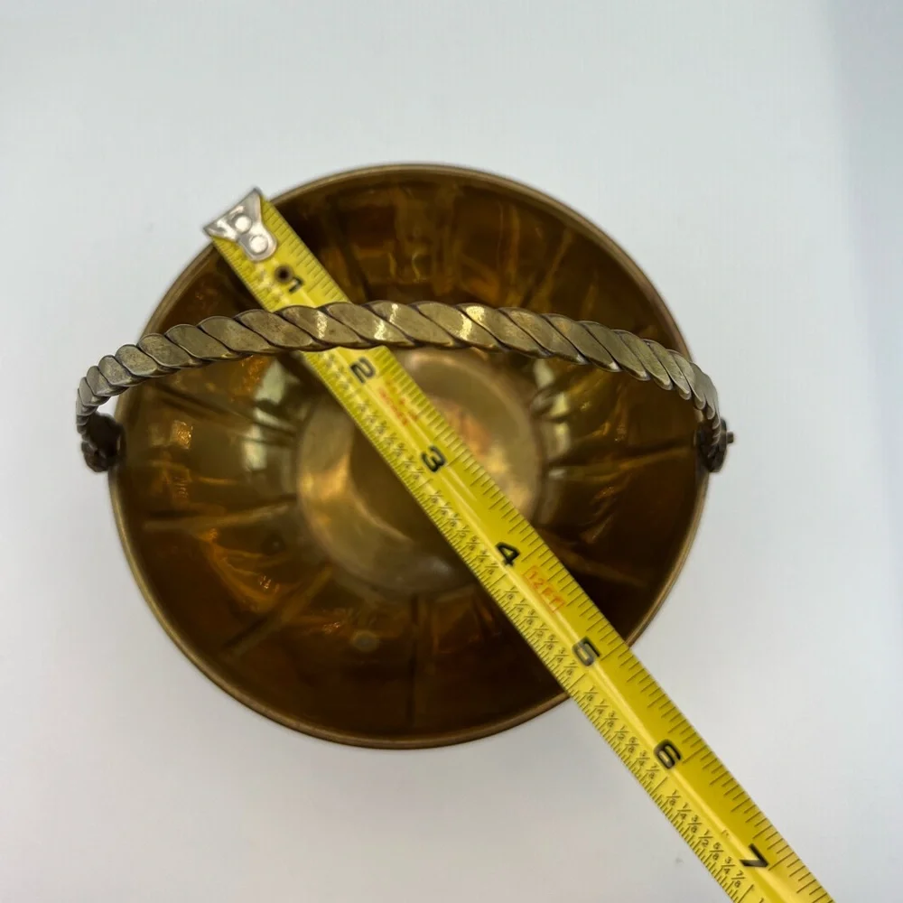 Vintage Brass Basket Scalloped With Swivel Braided Handle Trinket Jewelry Dish